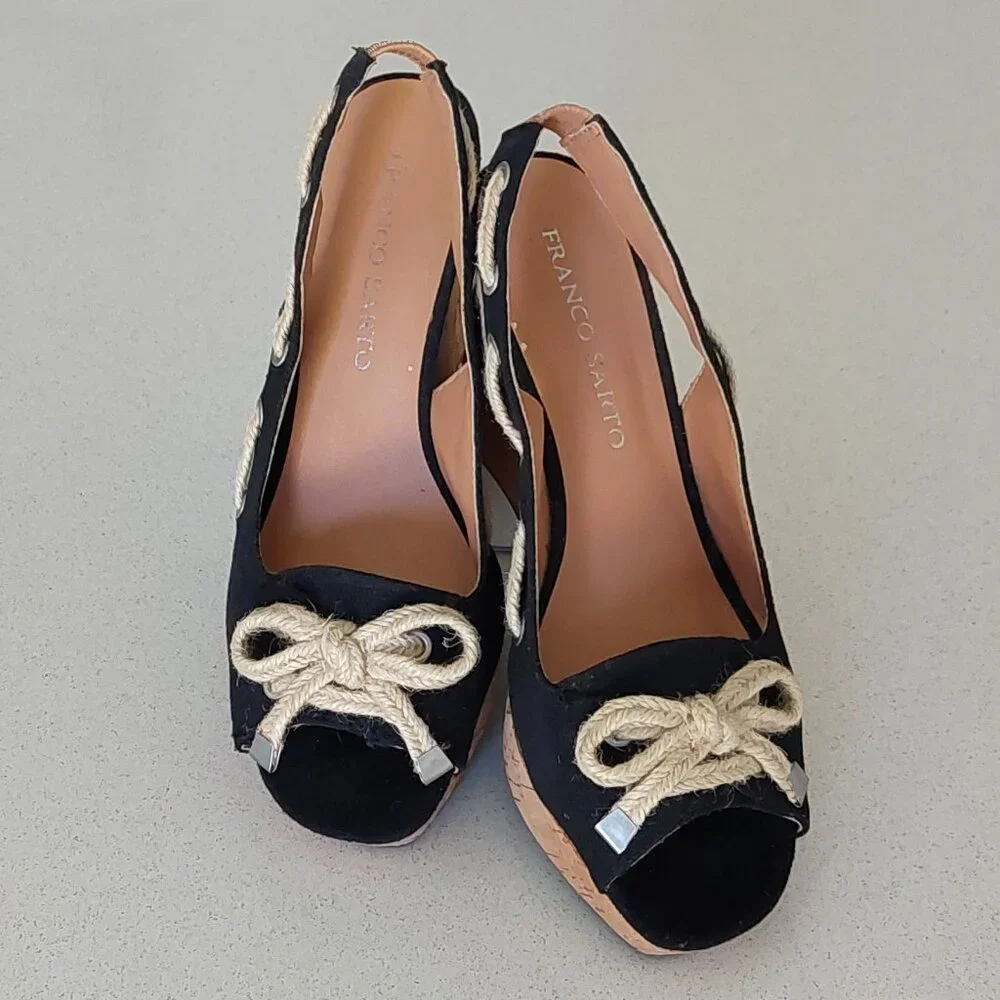 Franco Sarto Black and Cork Rope-Accent Wedge Sandals
